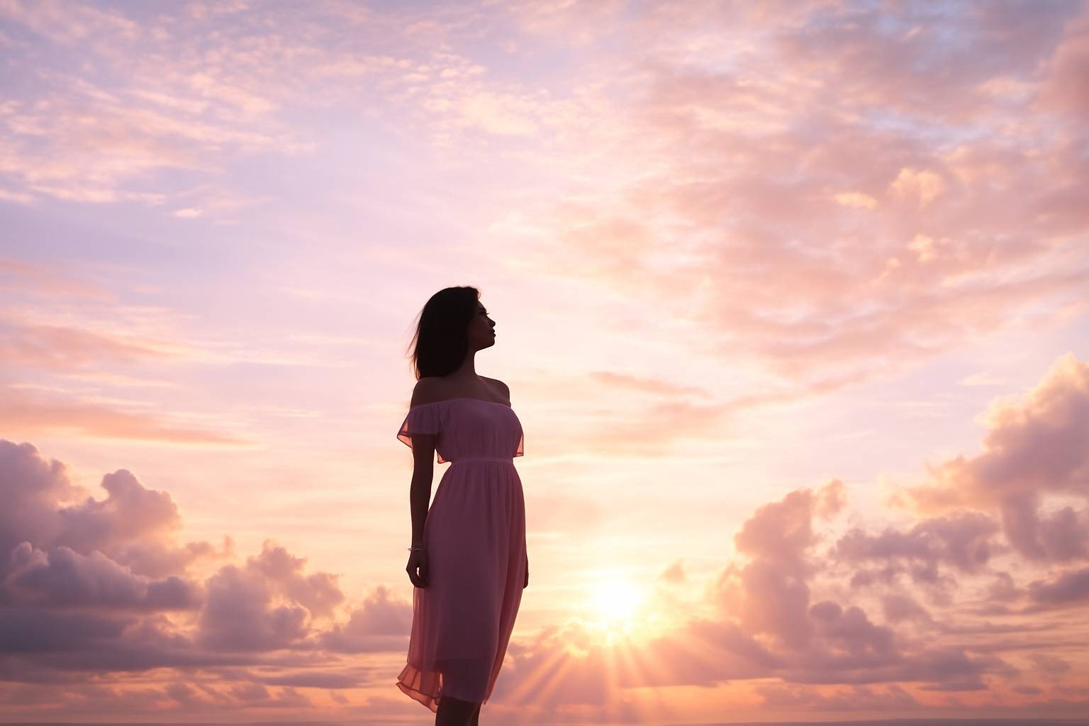 ピンクゴールドの夕景の中に立つ女性のシルエット
